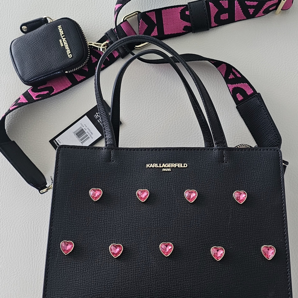 Karl Lagerfeld Black Shoulder Bag with Pink Heart Details